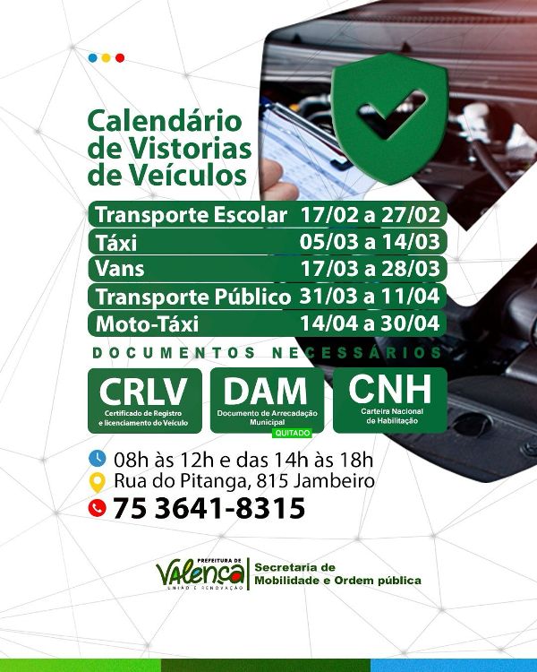 Prefeitura de Valença informa sobre cronograma de vistorias obrigatórias para veículos e transportes regulamentados