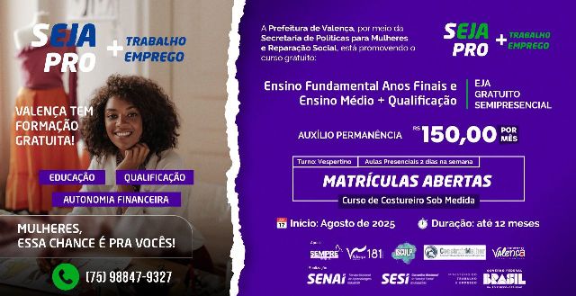 Valença oferece qualificação e bolsa auxílio através do programa SEJA Pró + Emprego