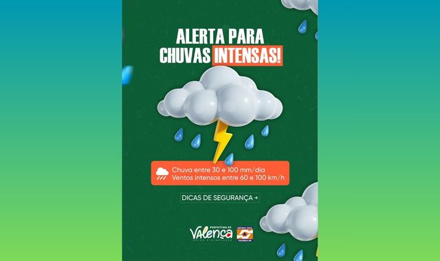 Defesa Civil de Valença emite alerta de perigo para chuvas intensas e ventos fortes