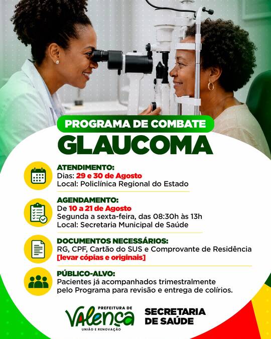 Programa de Combate ao Glaucoma terá atendimento em Valença nos dias 29 e 30 de agosto