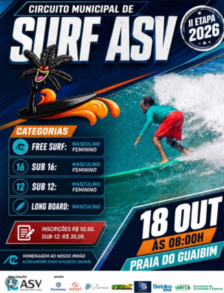 ASV abre inscrições para 2ª etapa do Circuito Municipal de Surf 2026 em Guaibim