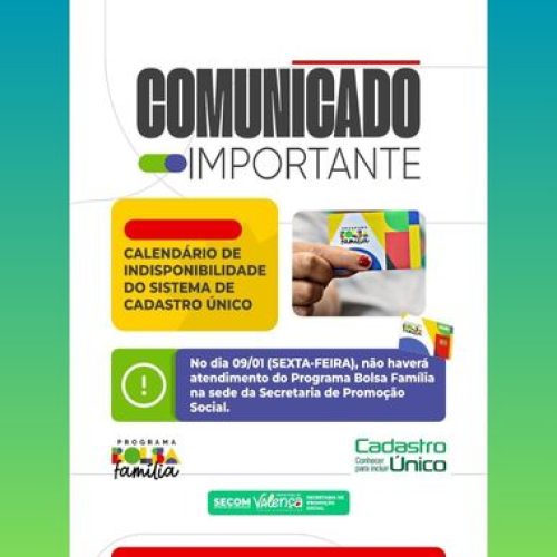 Sistema de Cadastro Único ficará indisponível nestasexta-feira (09)