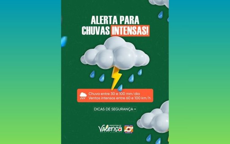 Defesa Civil de Valença emite alerta de perigo para chuvas intensas e ventos fortes