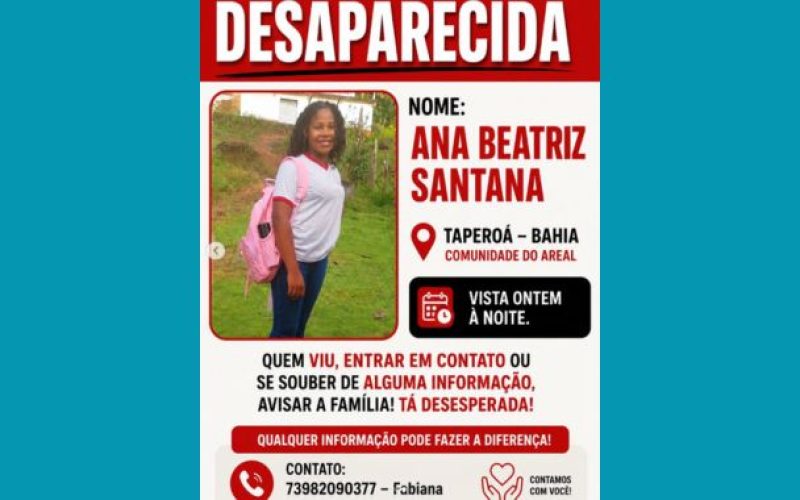 Família procura adolescente desaparecida na zona rural de Taperá