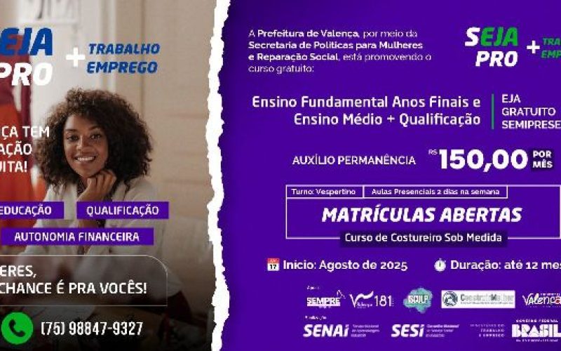 Valença oferece qualificação e bolsa auxílio através do programa SEJA Pró + Emprego