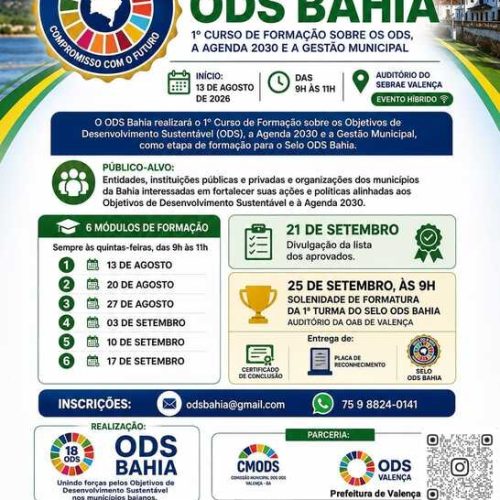 Selo ODS Bahia convida pra o 1° Curso de Formação sobre os ODS, a agenda 2030 e a gestão municipal