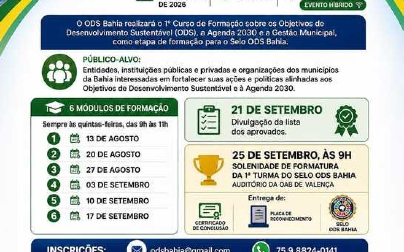 Selo ODS Bahia convida pra o 1° Curso de Formação sobre os ODS, a agenda 2030 e a gestão municipal