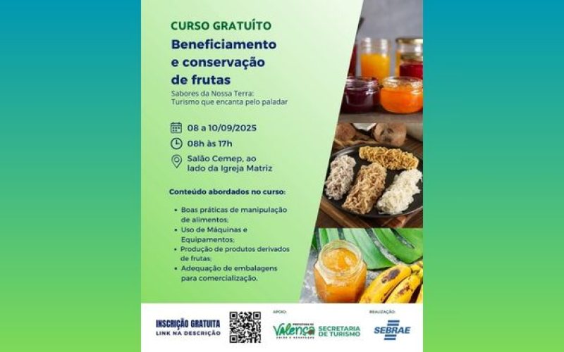 Curso gratuito de beneficiamento e conservação de frutas