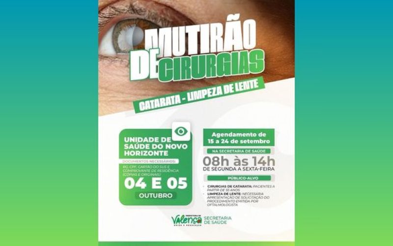 Valença realizará grande mutirão de cirurgias de catarata e limpeza de lente
