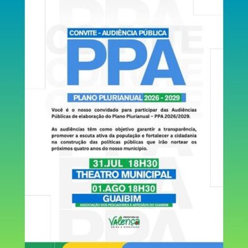 Prefeitura de Valença realizará audiência pública para elaboração do PPA 2026–2029